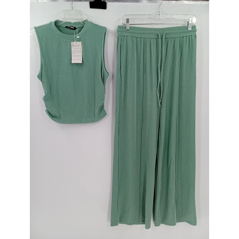 BTFBM Women's Casual Two-piece Ribbed Outfit Wide Leg Pants S